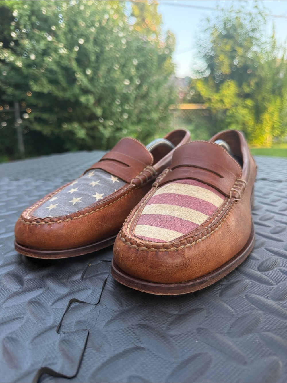 Martin Dingman Men’s Brown Leather Penny Loafers American Flag Inlay size 10.5